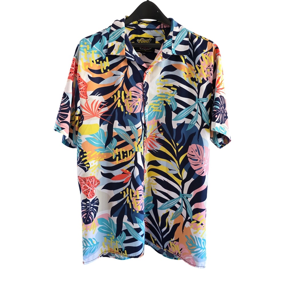 Good Vibes Mens 2XL Tropical Floral Print Button‎ Up Short Sleeve Shirt NWOT